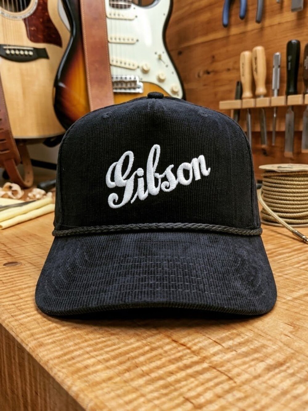 Gibson Guitar Hat Retro Script Embroidered Black Corduroy Rope Snapback Cap New
